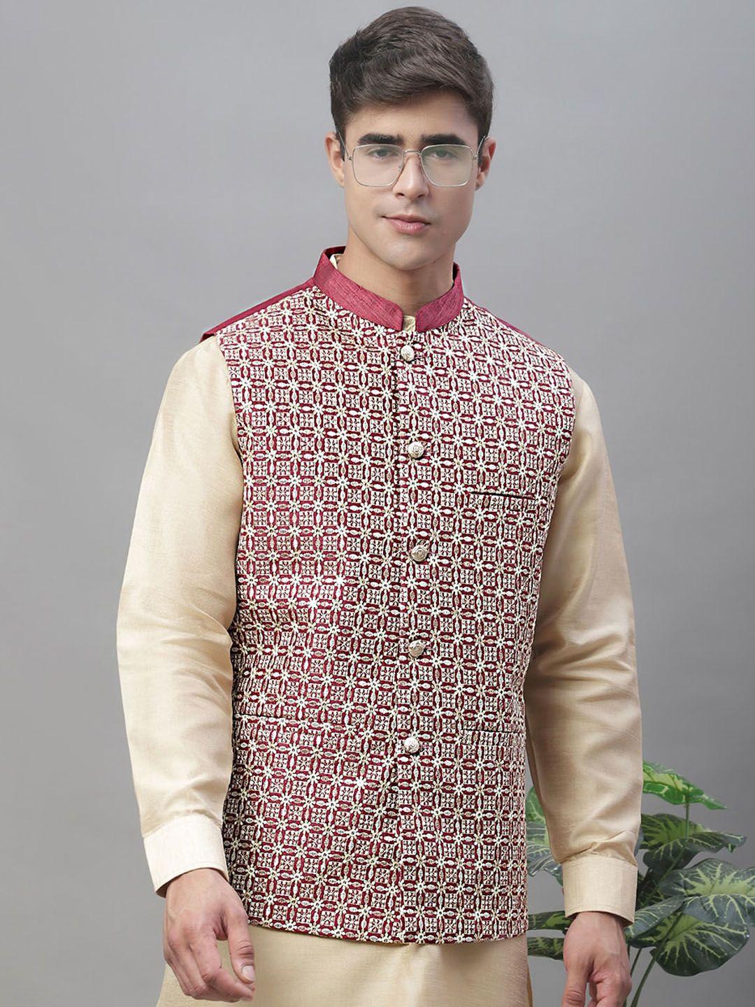 anouk men maroon embroidered nehru jackets