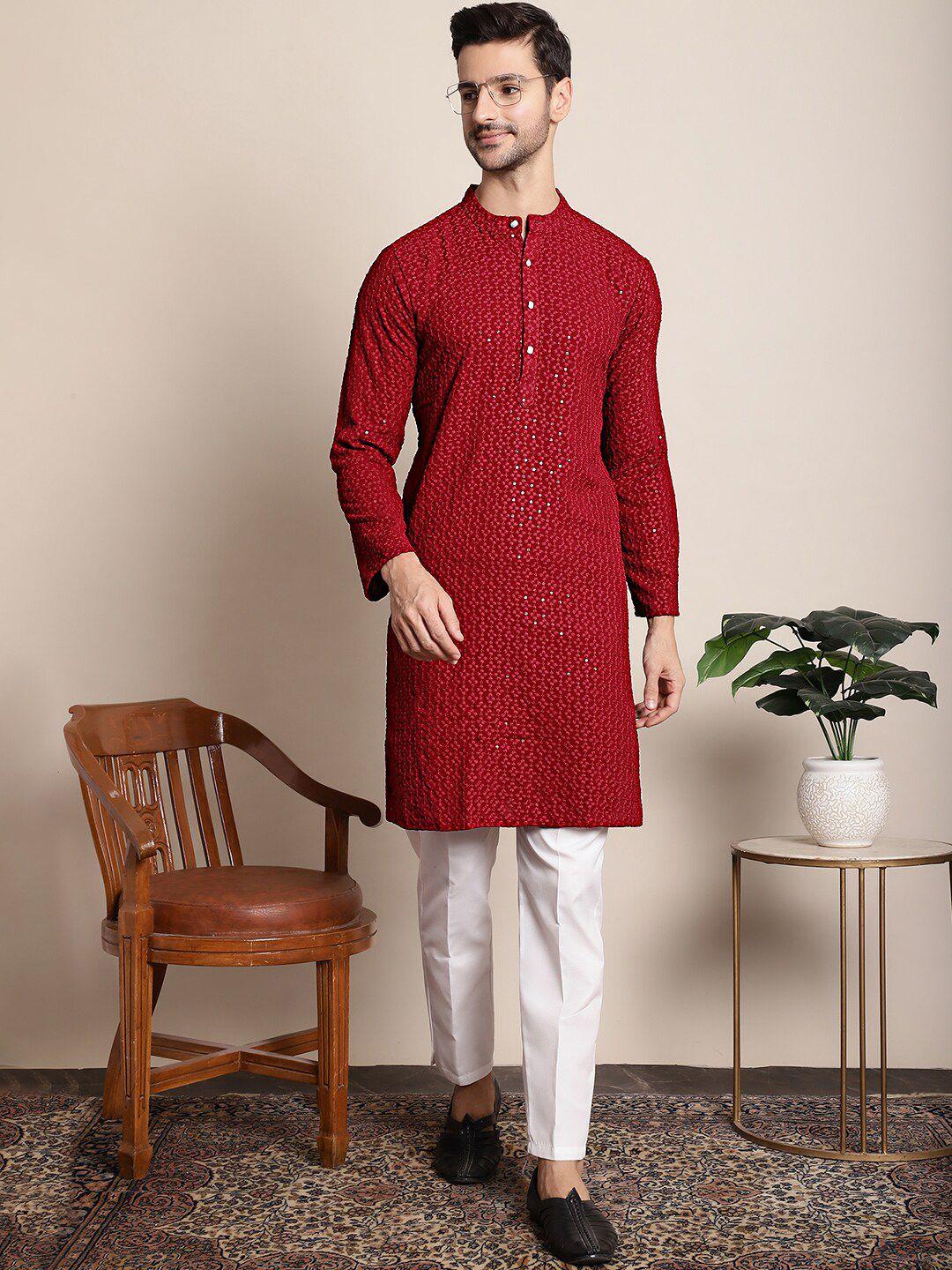 anouk men maroon floral embroidered regular sequinned pure cotton kurta with pyjamas