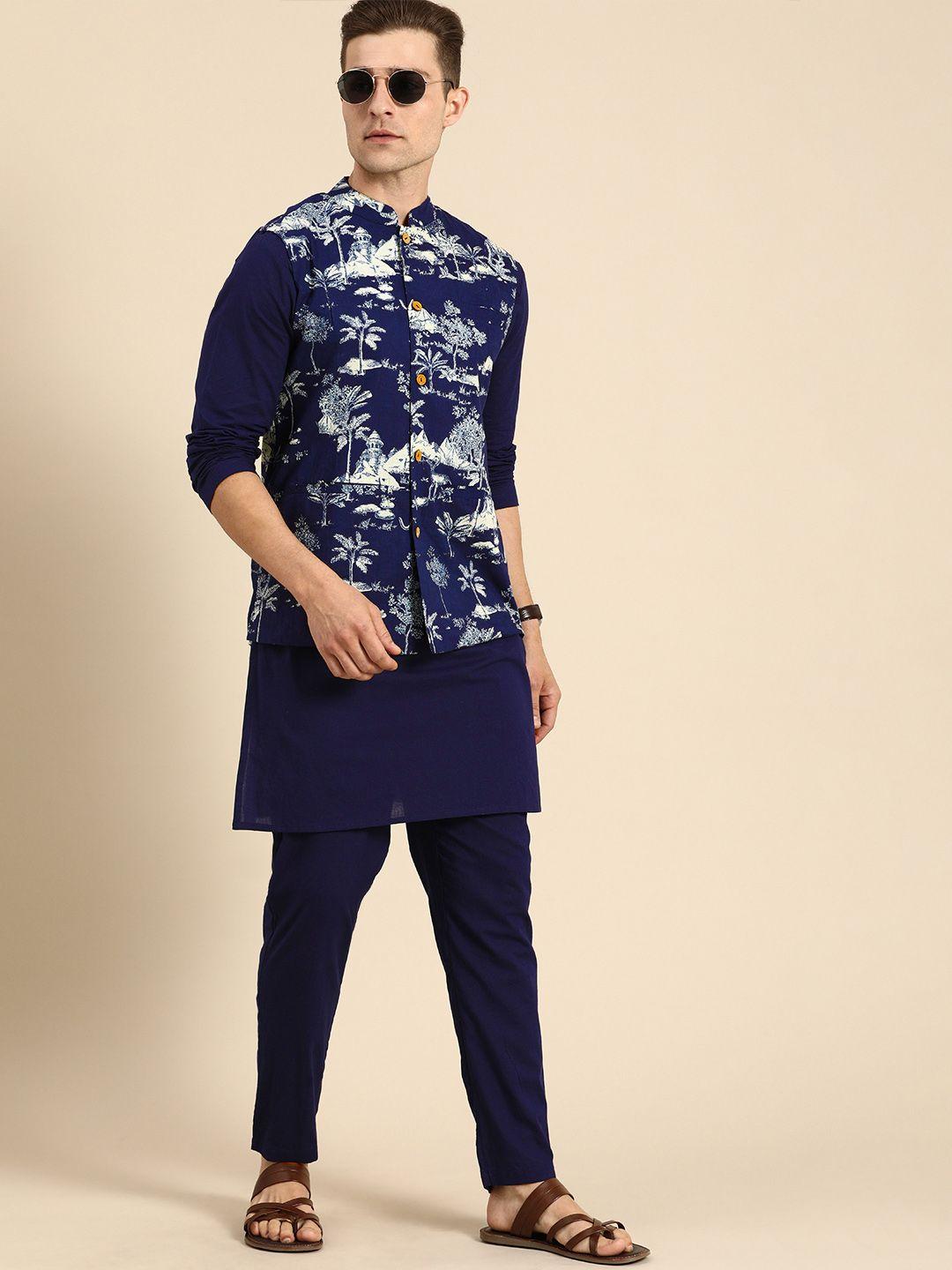 anouk men navy blue floral printed pure cotton kurta trousers with nehru jacket