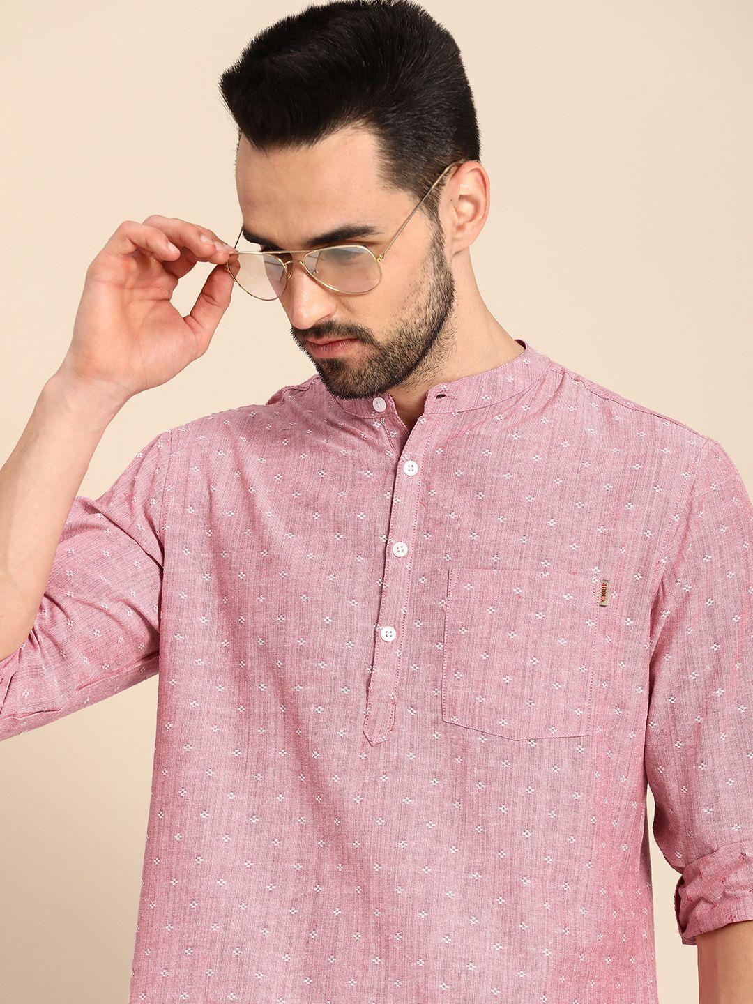 anouk men pink woven design pure cotton kurta