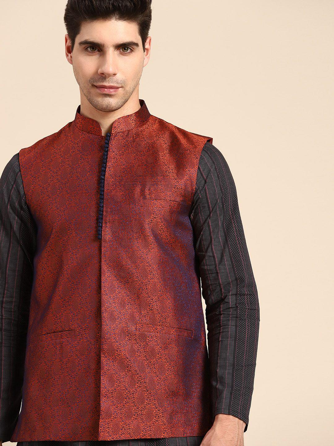 anouk men red ethnic motif printed nehru jacket with pocket square