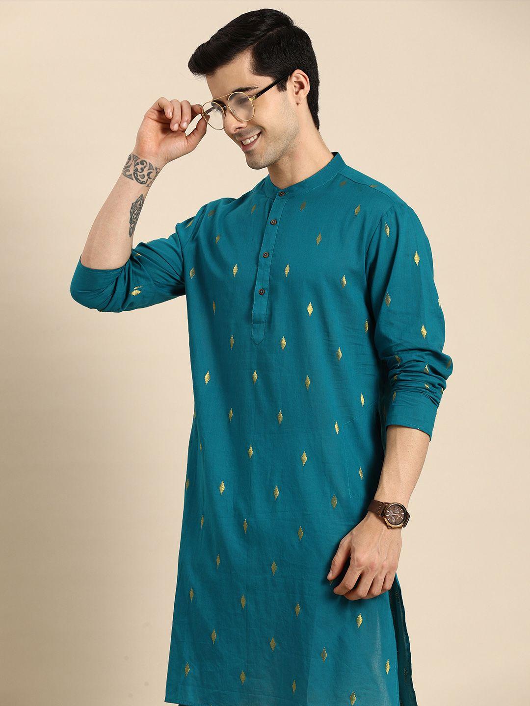 anouk men teal blue ethnic motifs woven design pure cotton a-line kurta