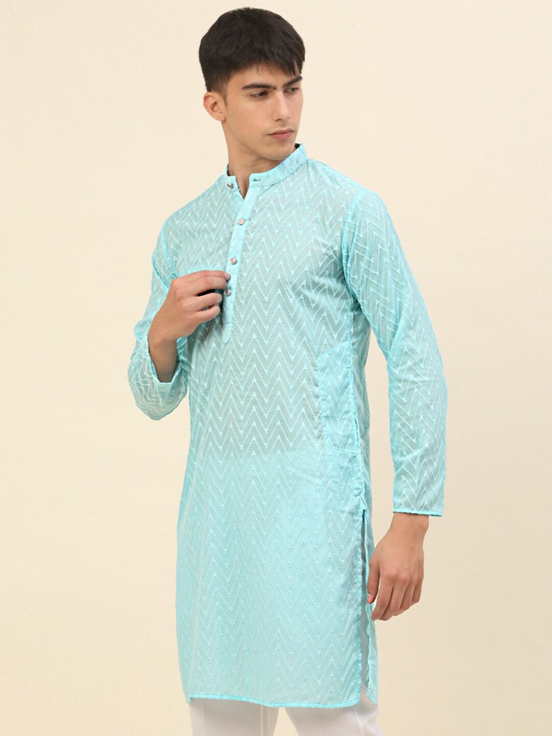 anouk men turquoise blue geometric embroidered cotton kurta
