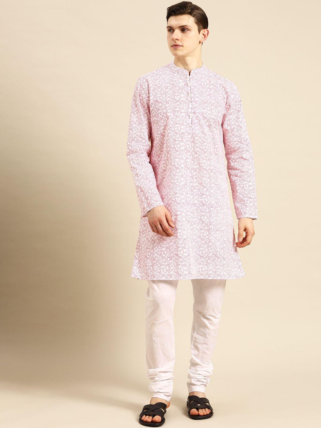 anouk men white ethnic motifs printed pure cotton kurta with churidar