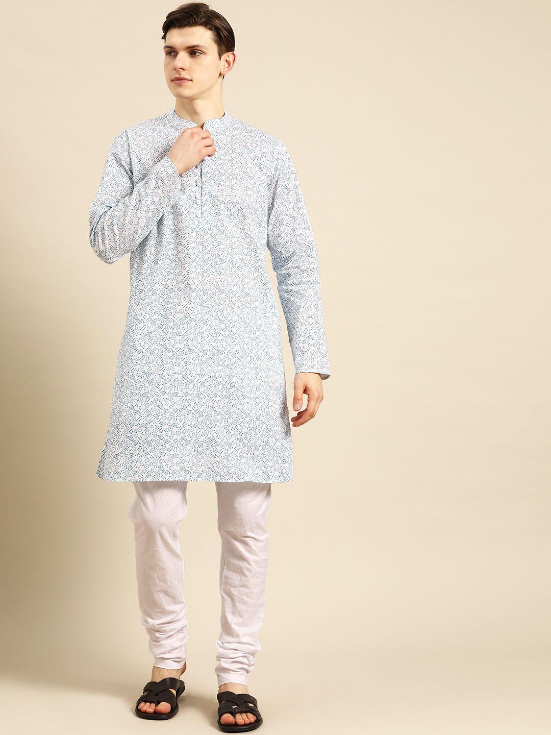 anouk men white ethnic motifs printed pure cotton kurta with churidar