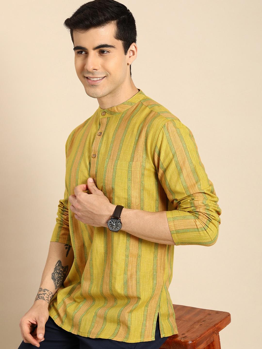 anouk men yellow & green striped flared sleeves kurta