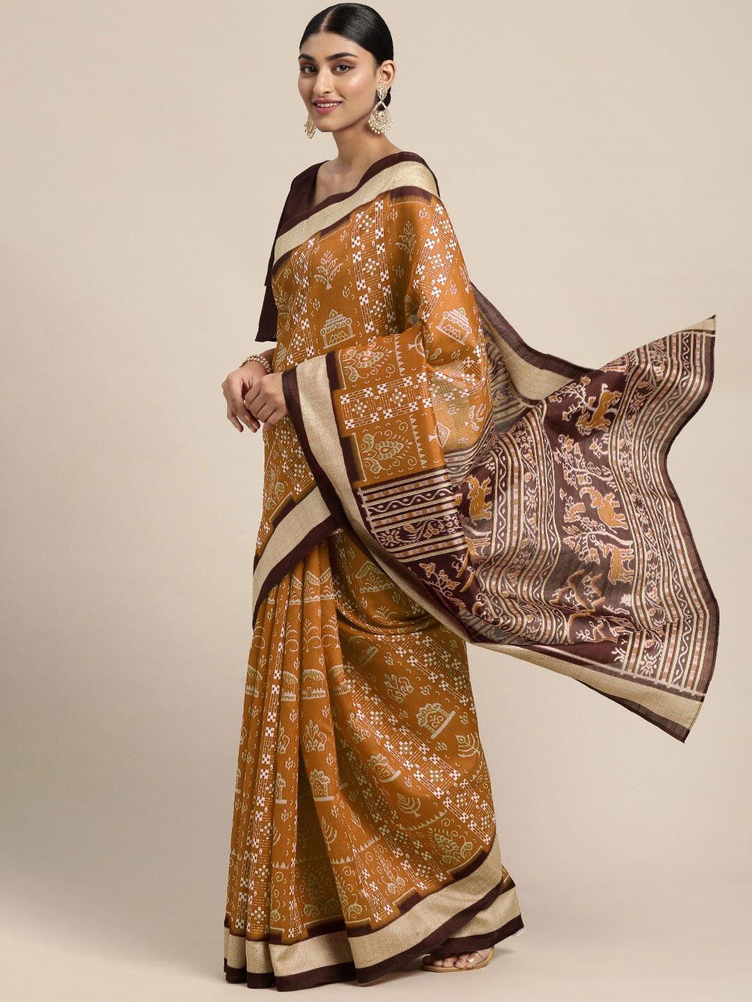 anouk mustard & brown ethnic motifs printed sambalpuri saree