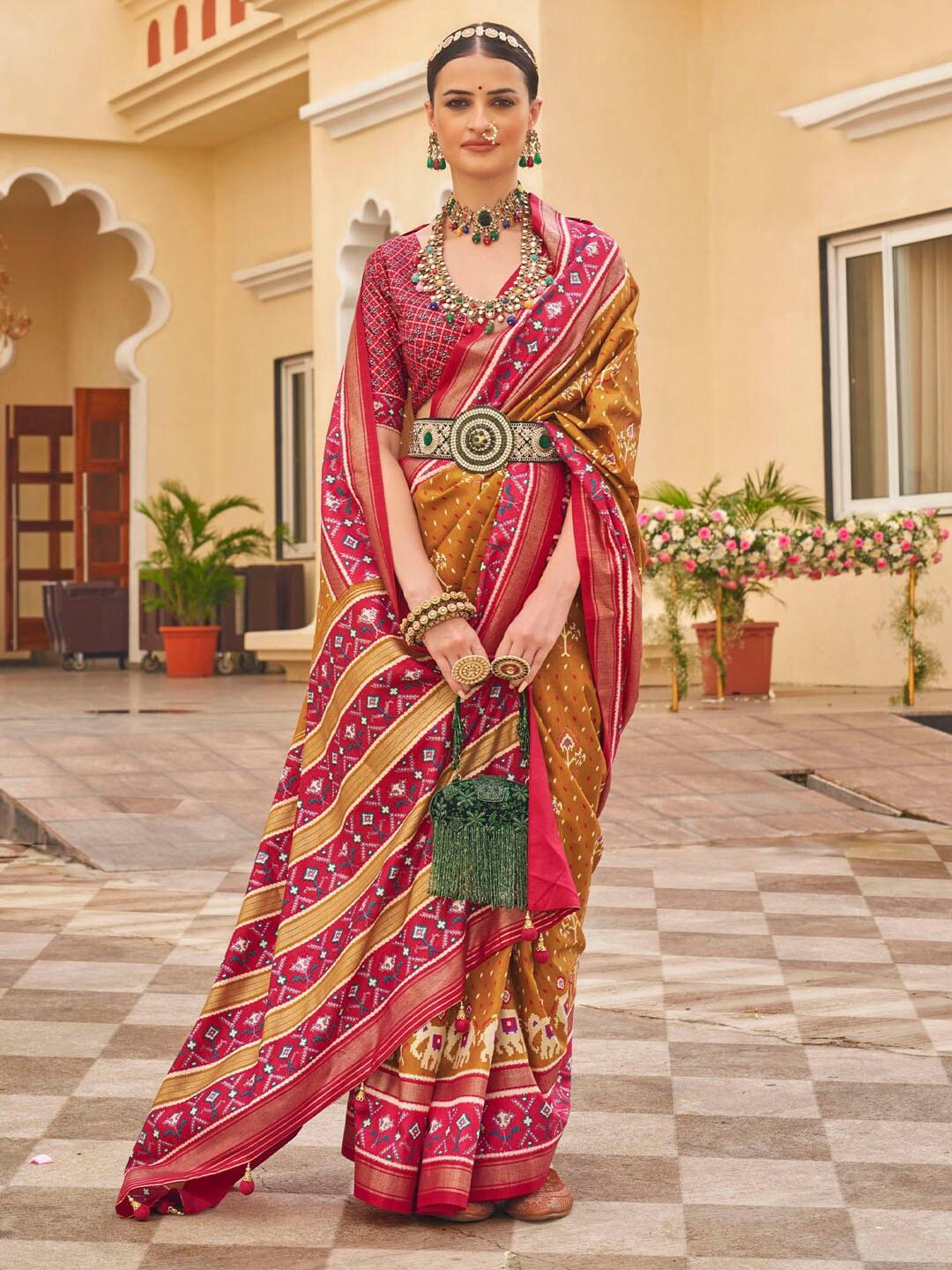 anouk mustard & pink woven design silk blend designer patola saree