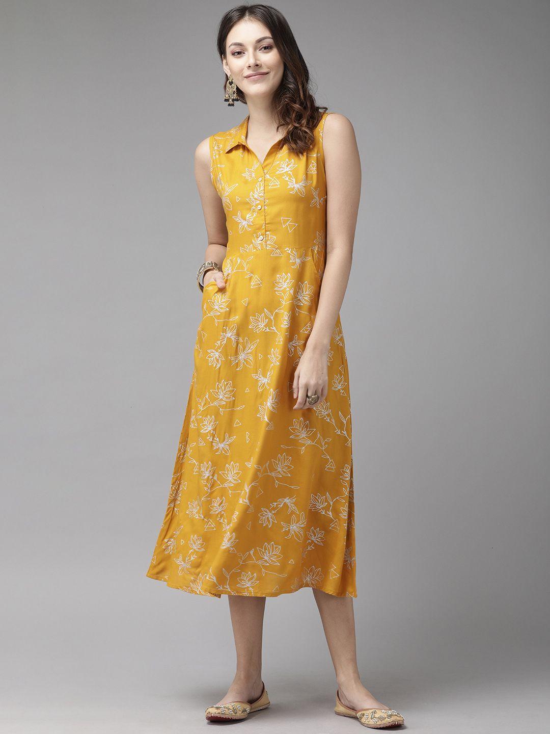 anouk mustard yellow floral printed a-line dress