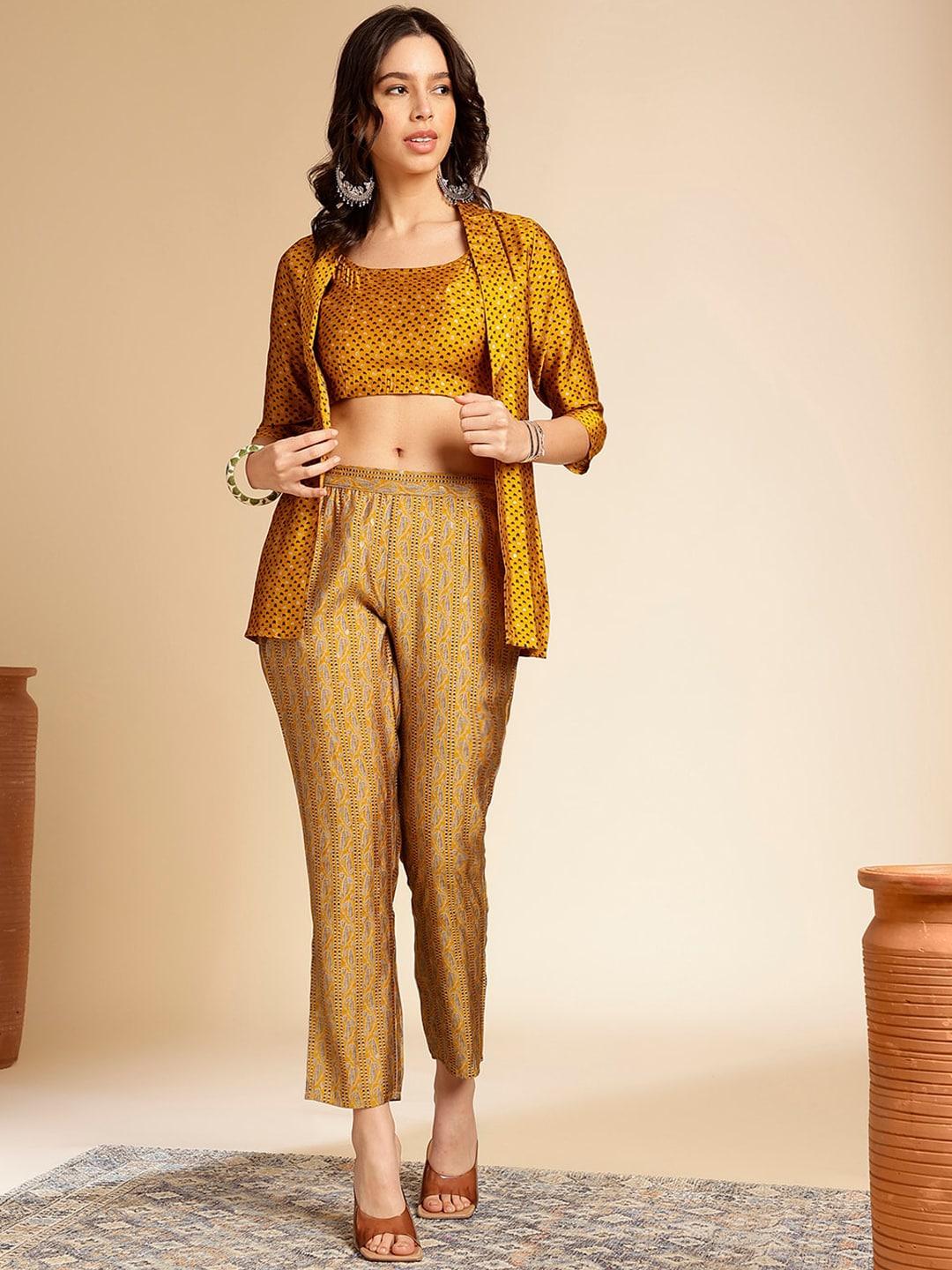 anouk mustard yellow printed shoulder strap top with trousers & shrug