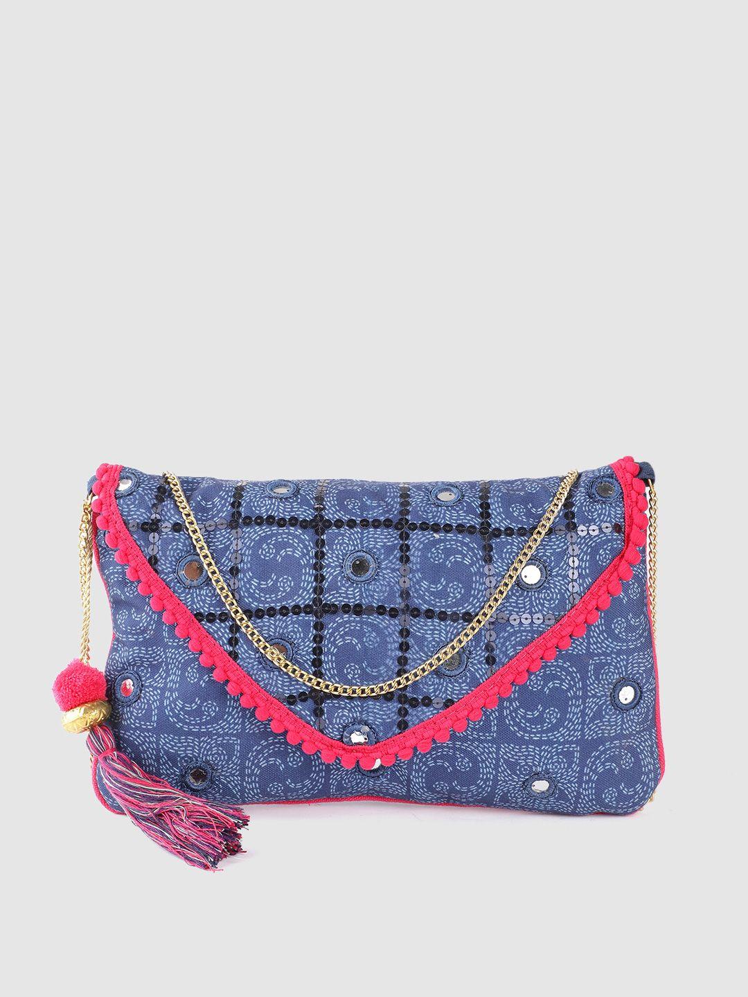 anouk navy blue ethnic motifs print sling bag with mirror work