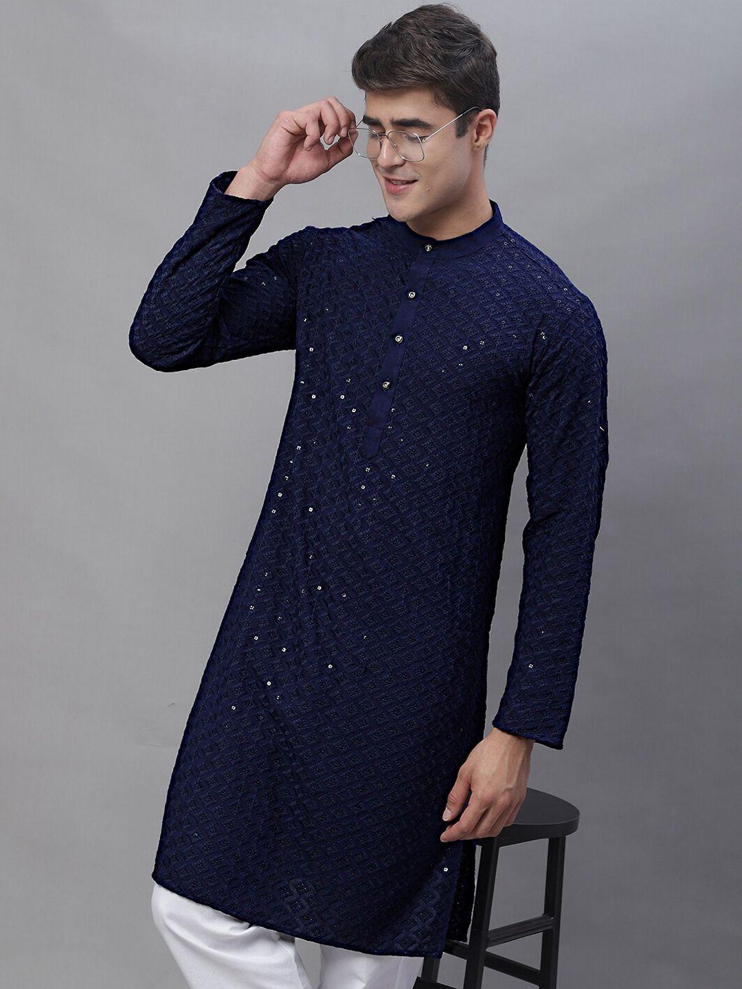 anouk navy blue floral embroidered sequined band collar kurta