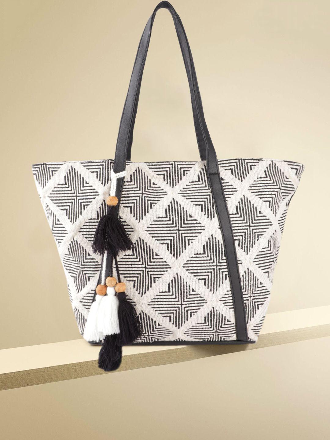 anouk off-white & black geometric jacquard self design tote bag with tasselled detail