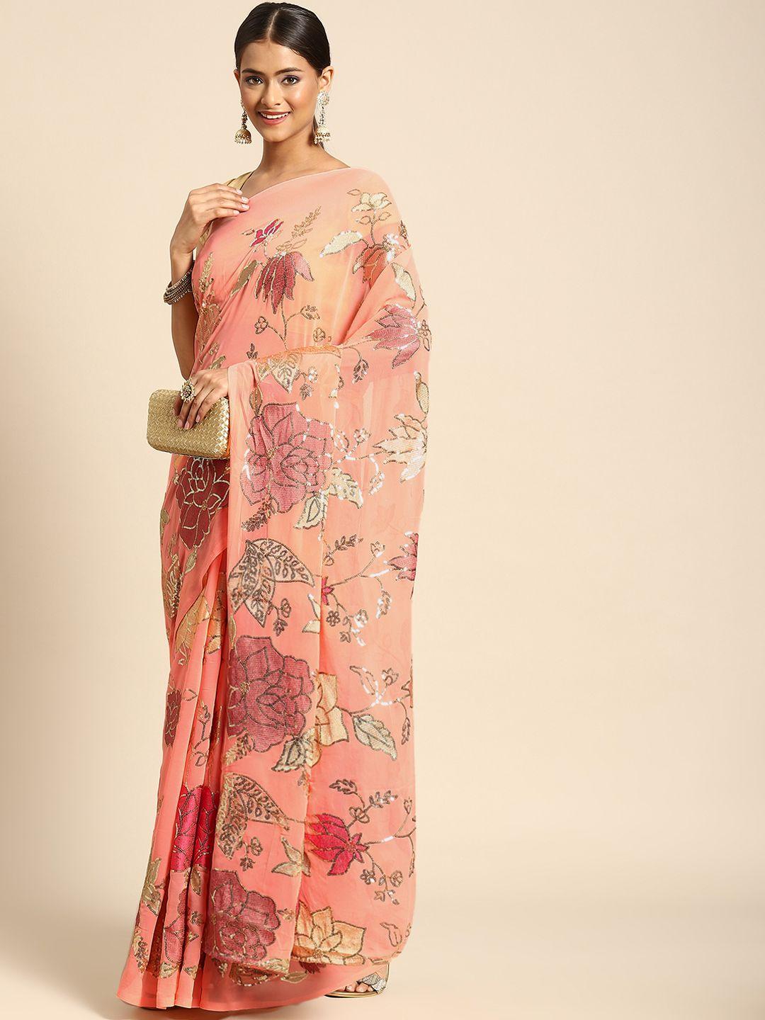 anouk peach-coloured floral embroidered sequinned saree