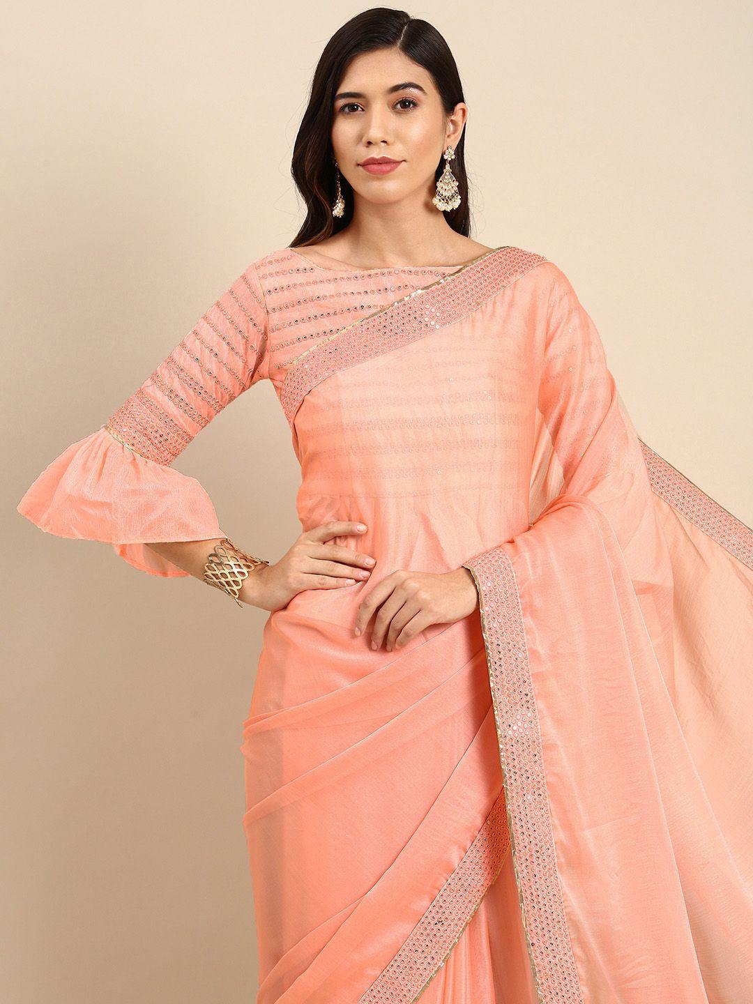 anouk peach-coloured solid sequinned pure chiffon saree