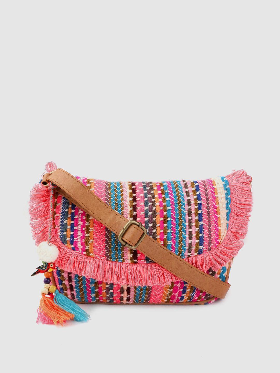 anouk pink & blue self-striped sling bag with tasselled detail