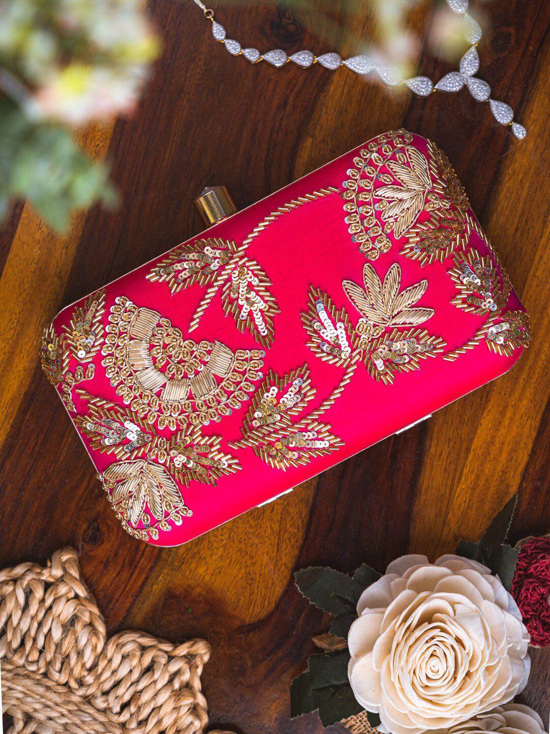 anouk pink & gold-toned embroidered box clutch