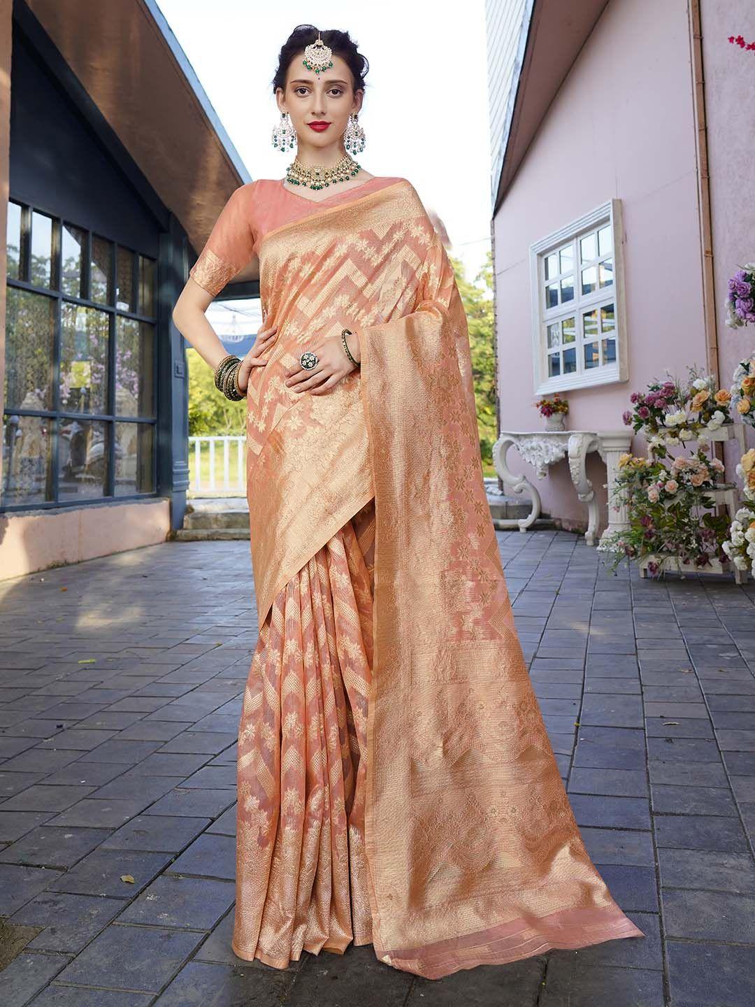 anouk pink & gold-toned ethnic motifs woven design zari pure linen saree