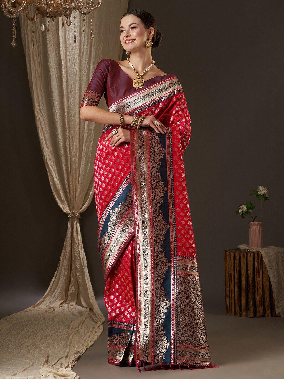 anouk pink & gold-toned woven design zari  banarasi saree