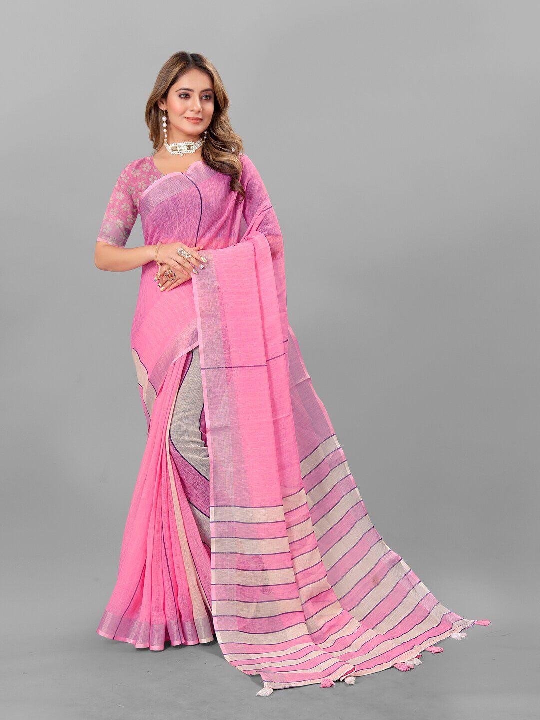 anouk pink & grey striped zari pure linen saree