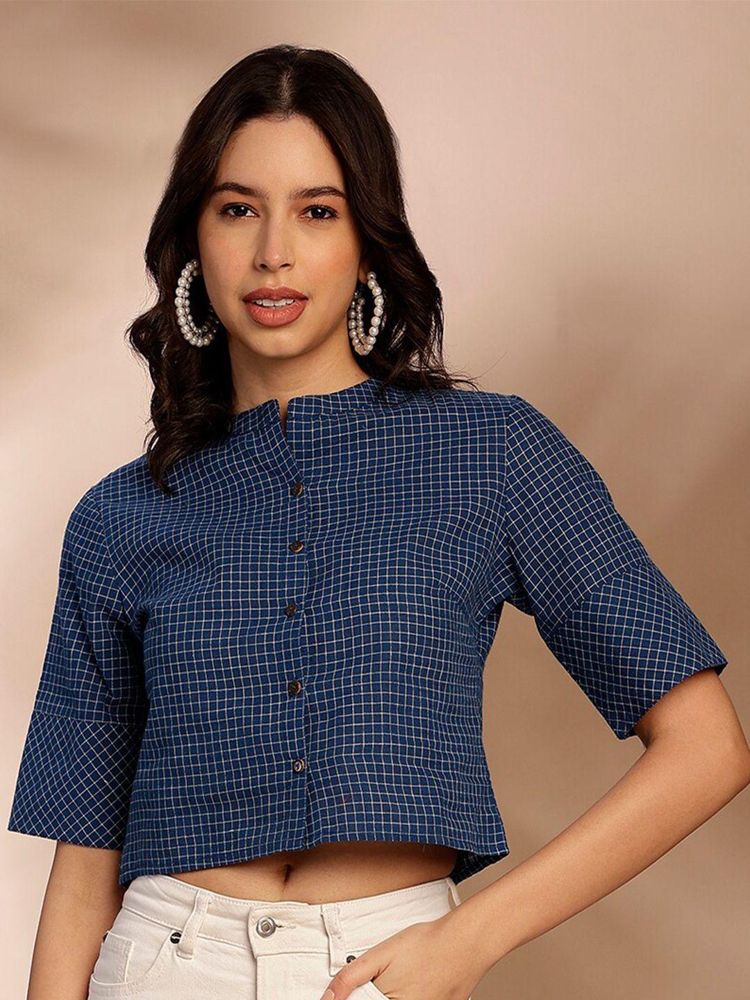 anouk print roll-up sleeves indigo cotton styled back crop top