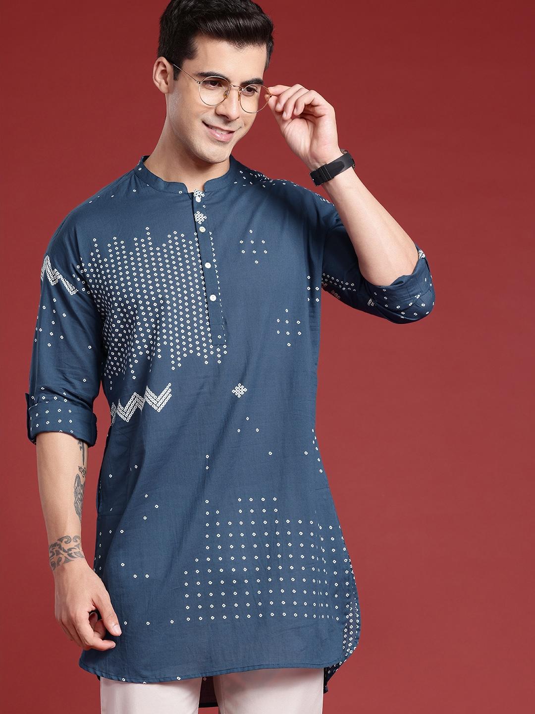 anouk pure cotton ethnic motifs printed roll-up sleeves straight kurta