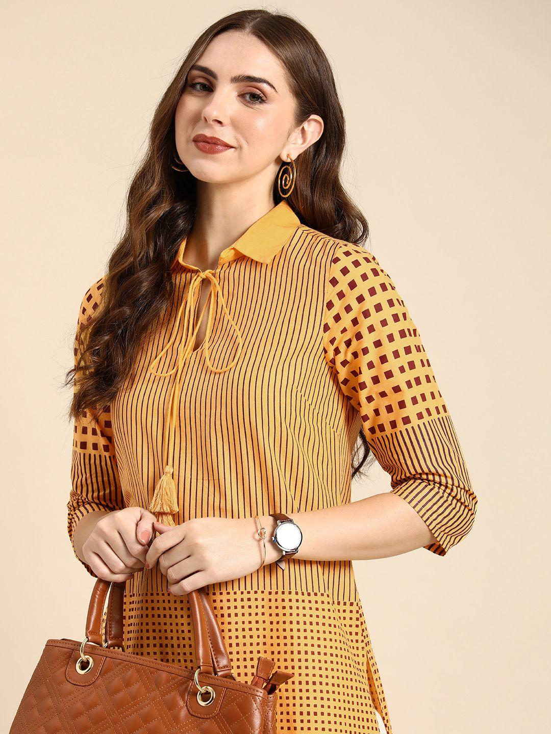 anouk pure cotton geometric printed shirt collar kurta