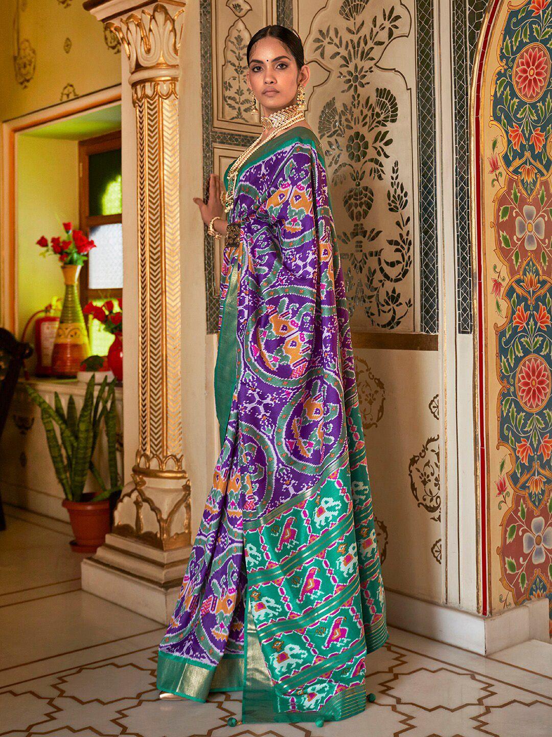 anouk purple & white ethnic motifs zari silk blend patola saree