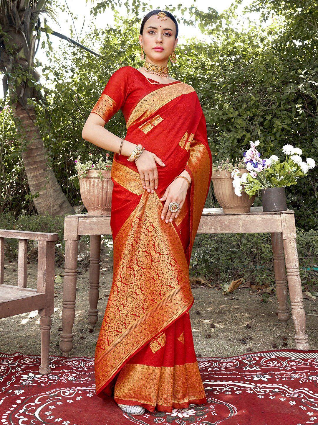 anouk red & gold-toned woven design zari art silk banarasi saree