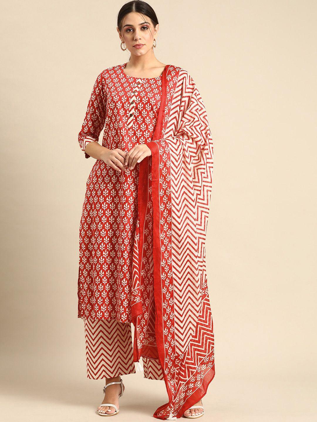anouk red & white floral printed cotton straight kurta with palazzos & dupatta