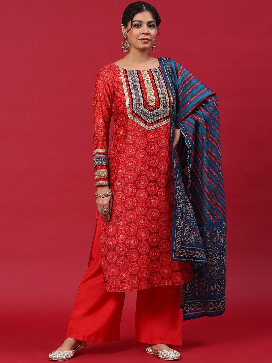 anouk red ethnic motifs printed thread work chanderi silk kurta with palazzos & dupatta
