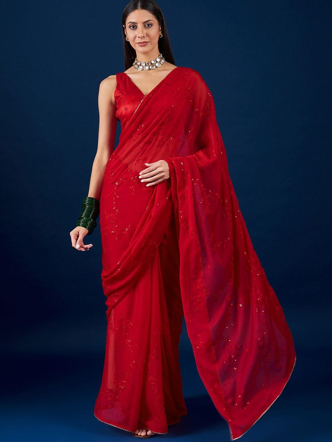 anouk red floral embroidered pure chiffon saree