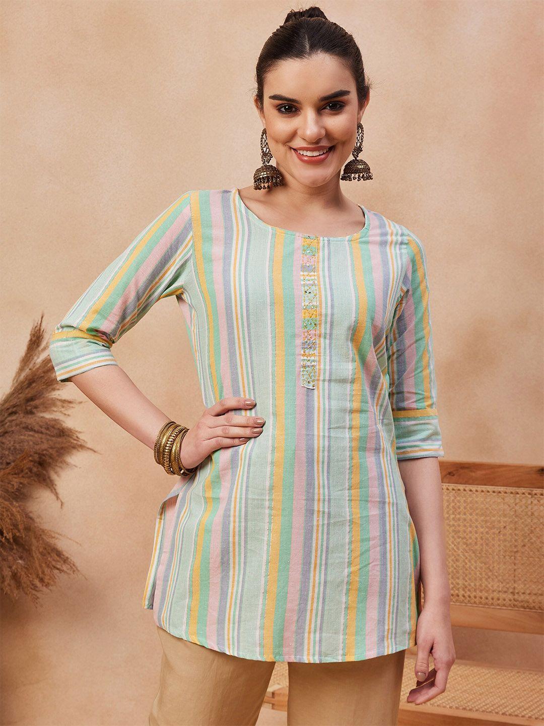 anouk sea green & pink striped sequinned pure cotton straight kurti