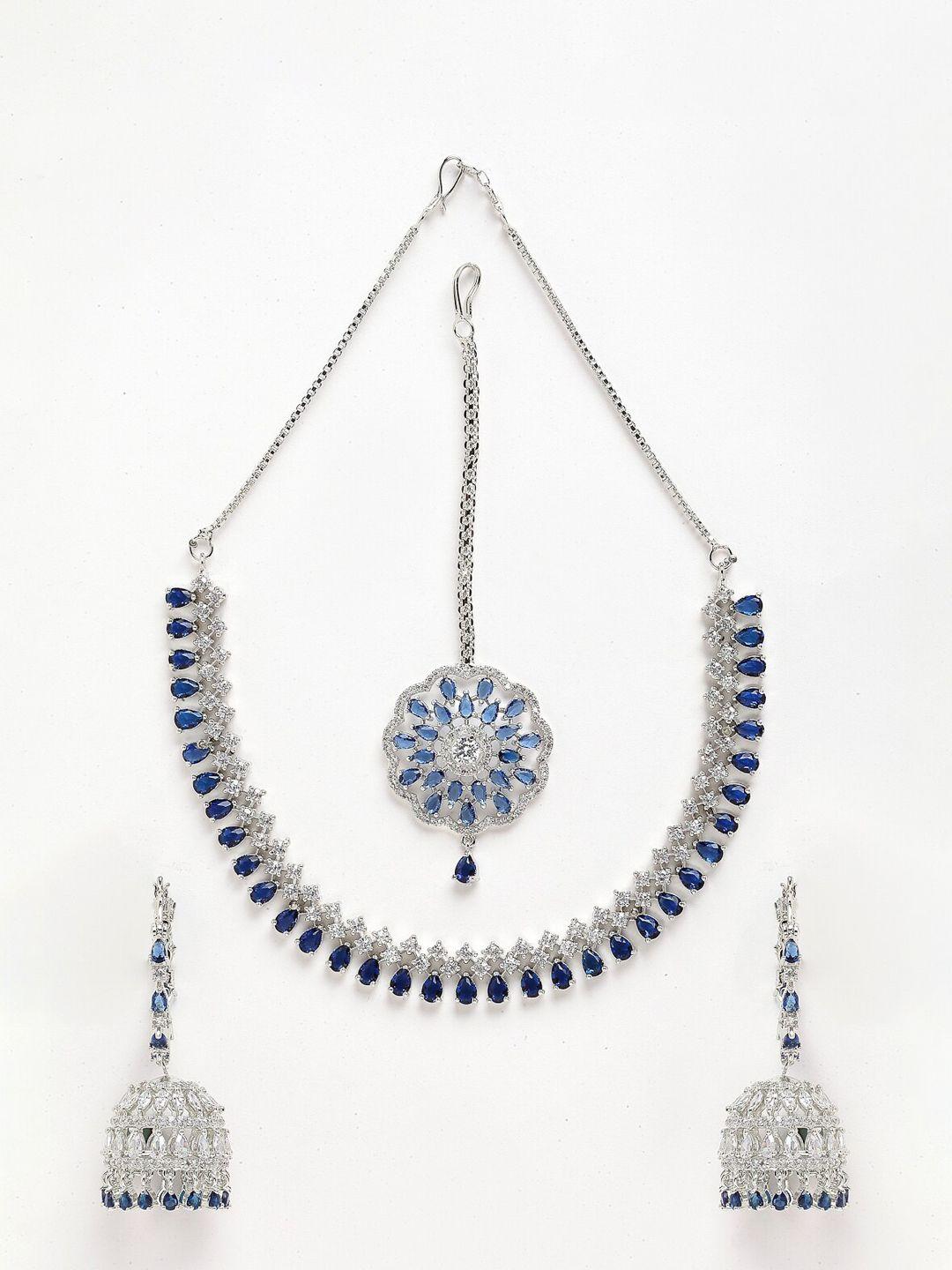 anouk silver-plated ad-studded necklace & earrings with maang tikka