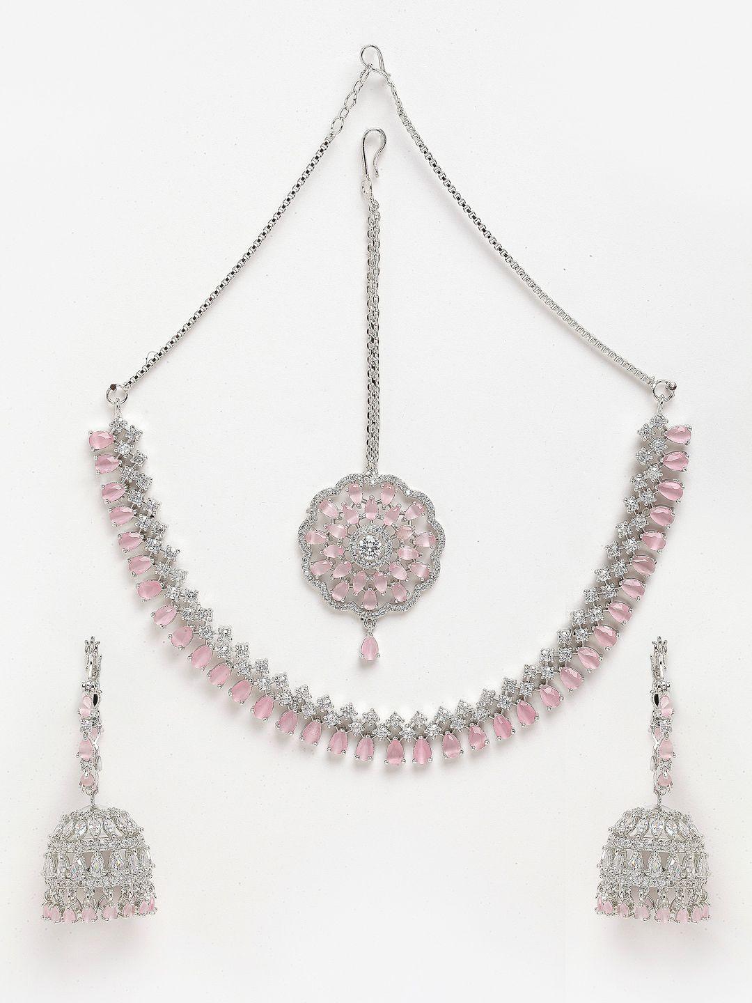 anouk silver-plated ad-studded necklace & earrings with maang tikka