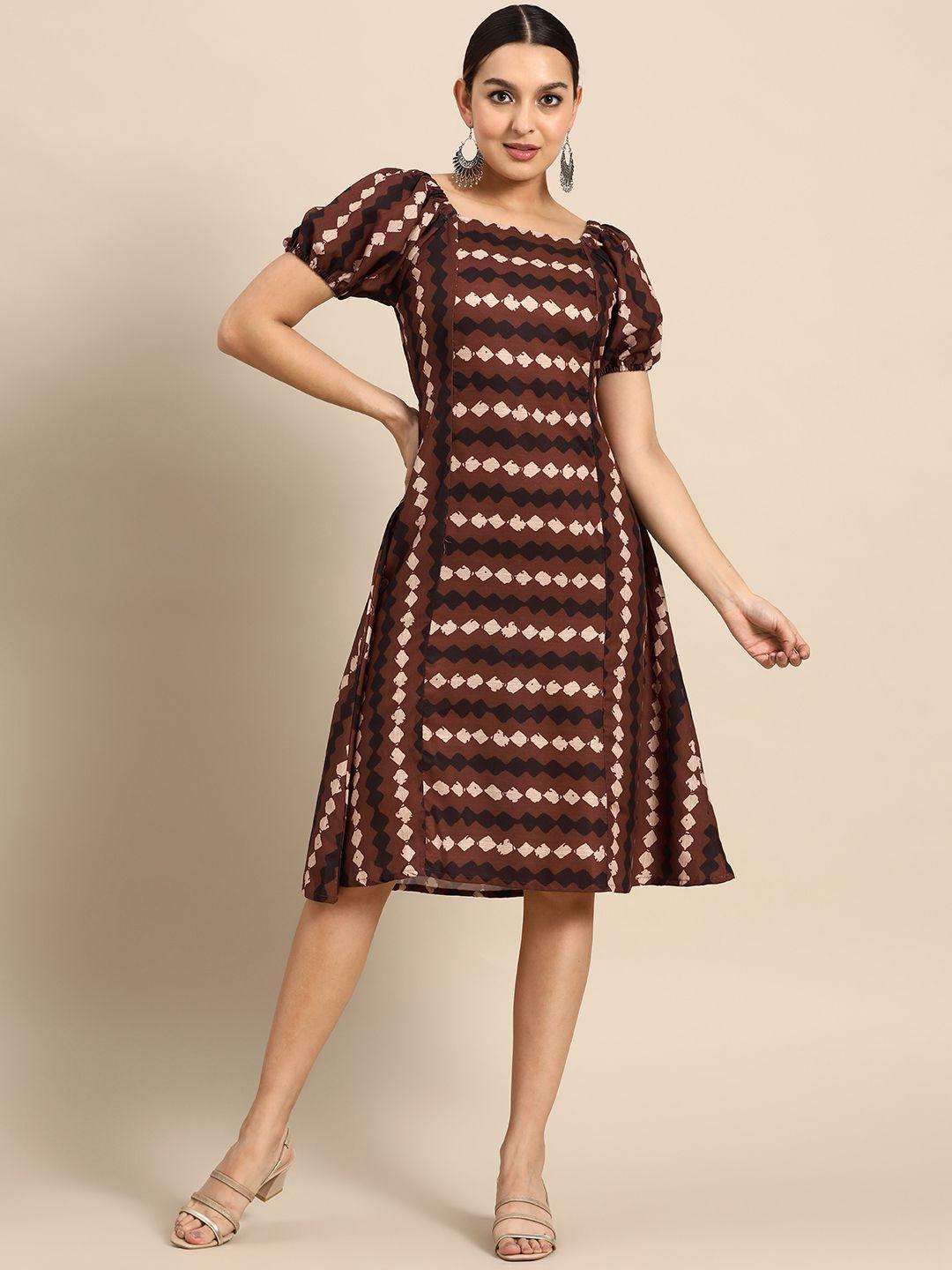 anouk square neck puff sleeves printed a-line dress with cut-out back