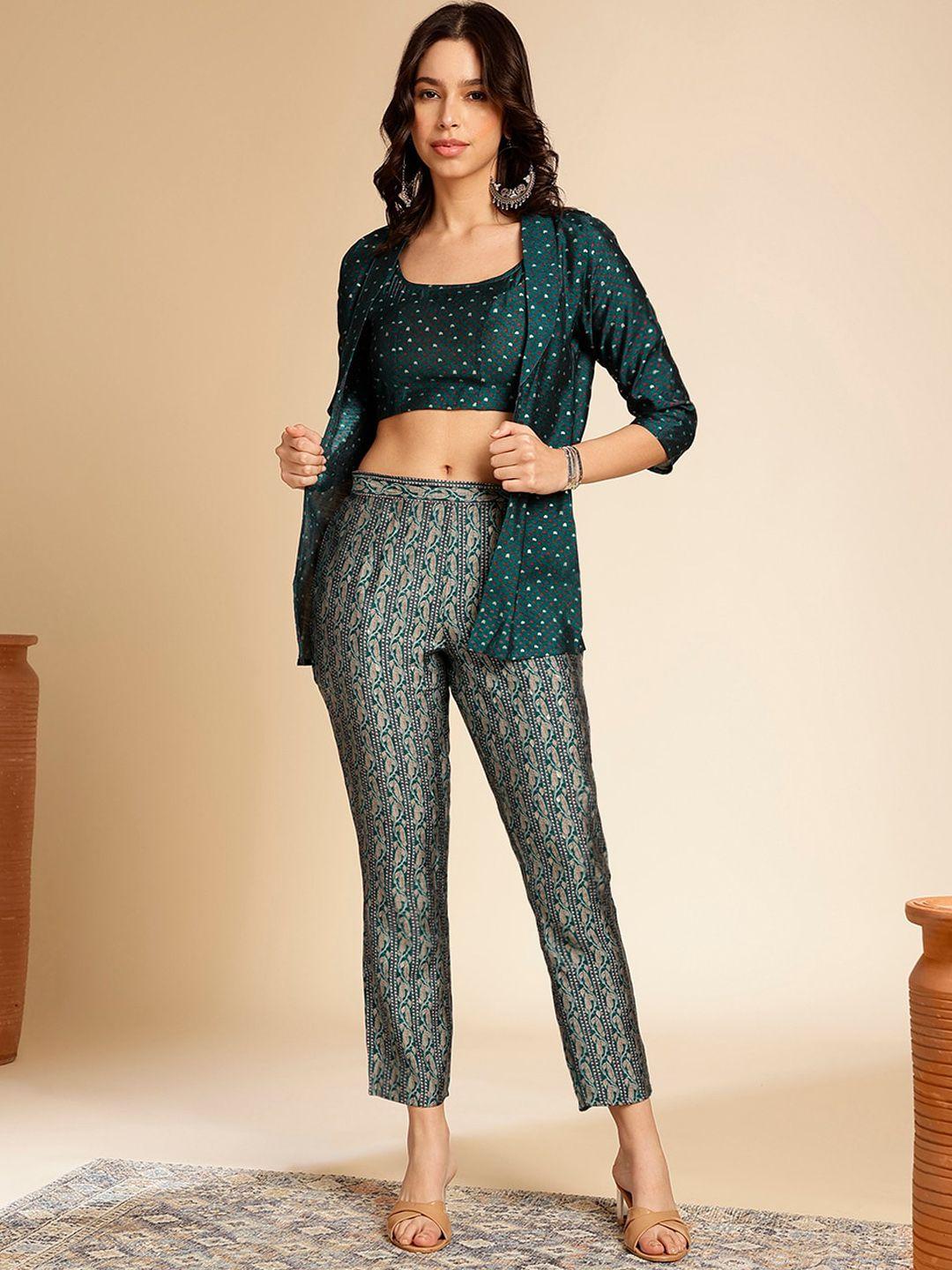 anouk teal green printed shoulder strap top with trousers & shrug