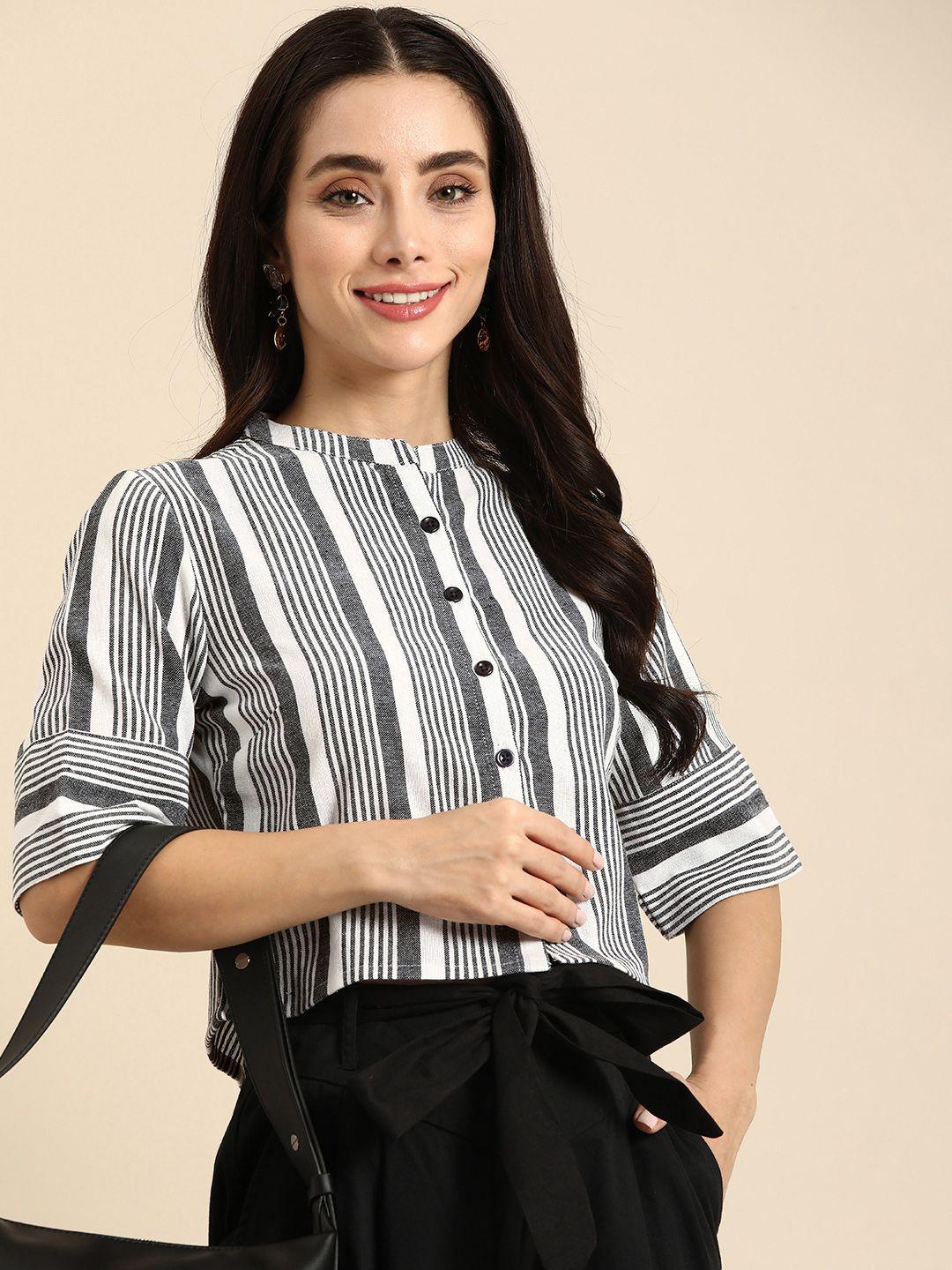 anouk vertically striped monochrome shirt style crop top
