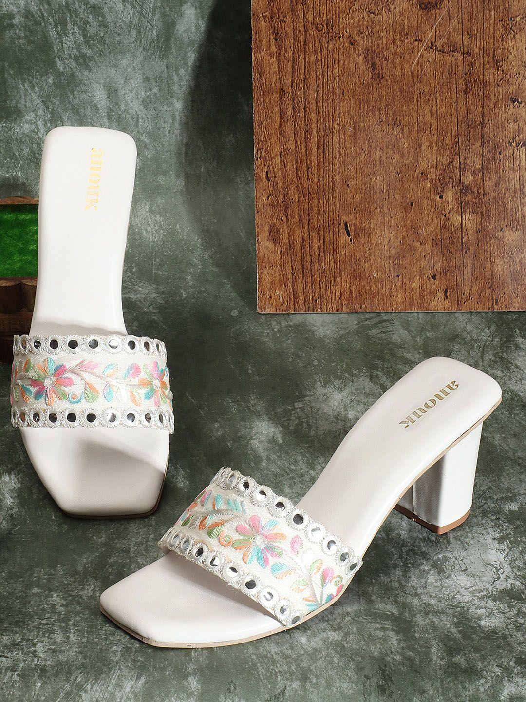 anouk white & pink embroidered block heels