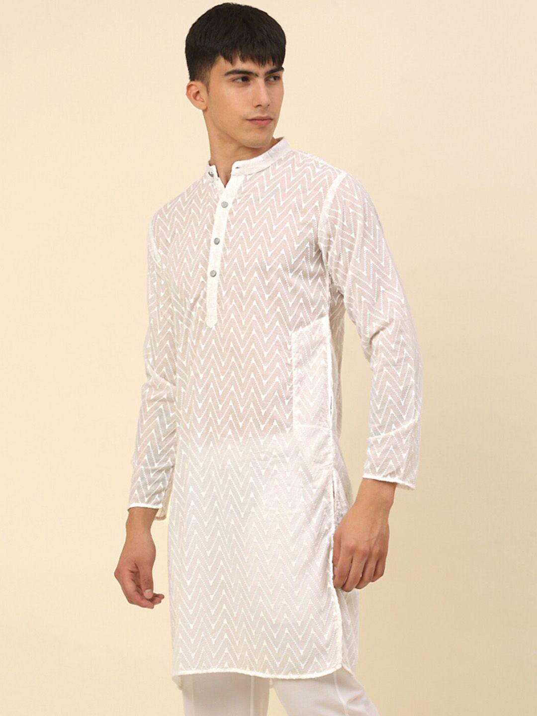 anouk white chevron woven design straight pure cotton kurta