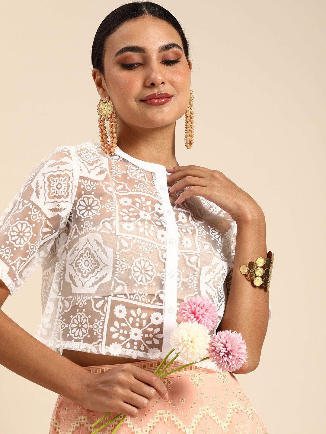 anouk white ethnic motifs print mandarin collar regular sheer crop top