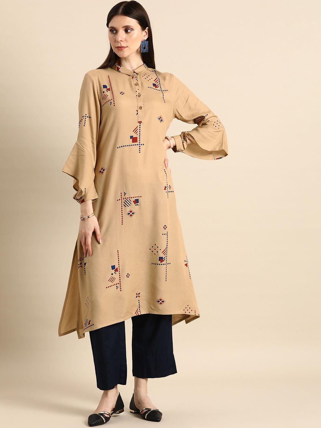 anouk women beige & navy blue geometric printed shirt collar a-line kurta