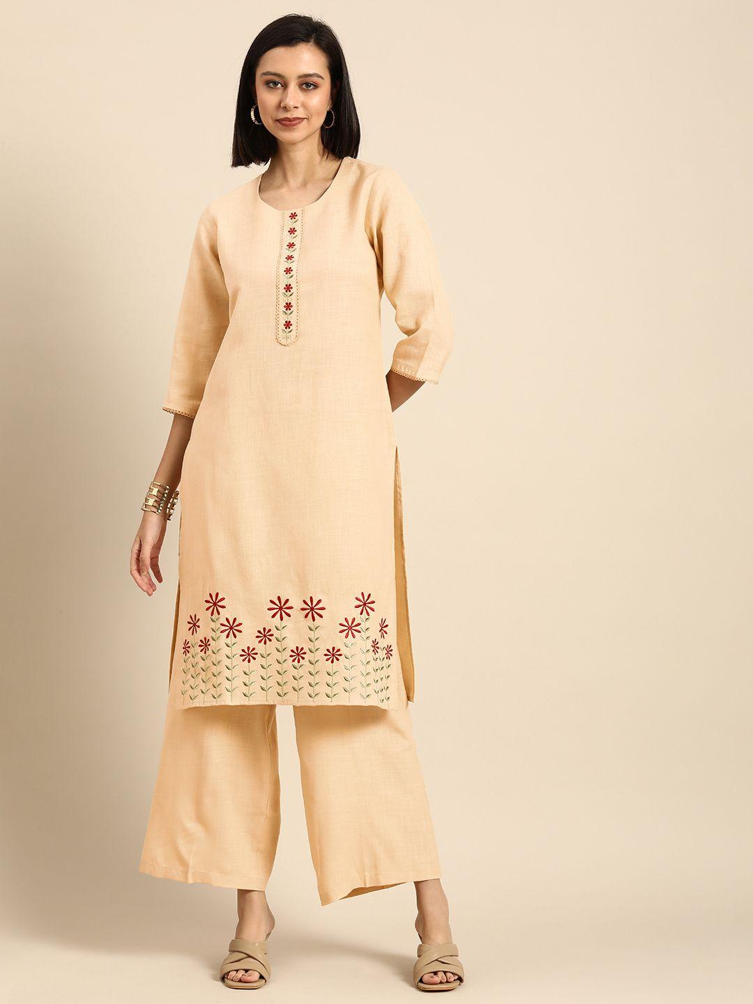 anouk women beige floral embroidered kurta with palazzos