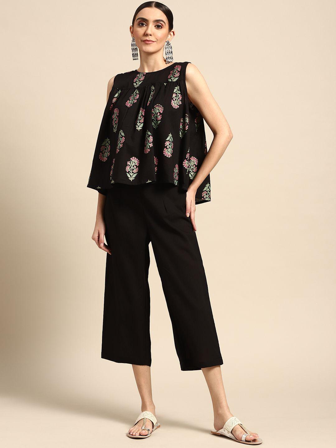 anouk-women-black-&-green-ethnic-motifs-printed-pure-cotton-top-with-solid-culottes