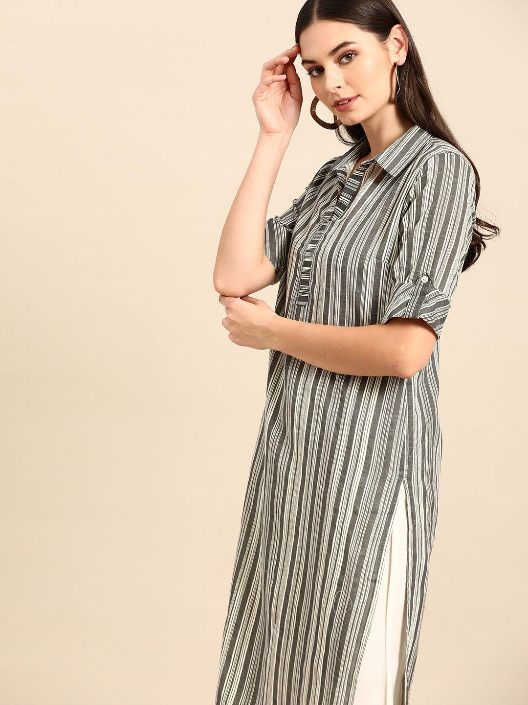 anouk women black & white striped shirt collar cotton straight kurta
