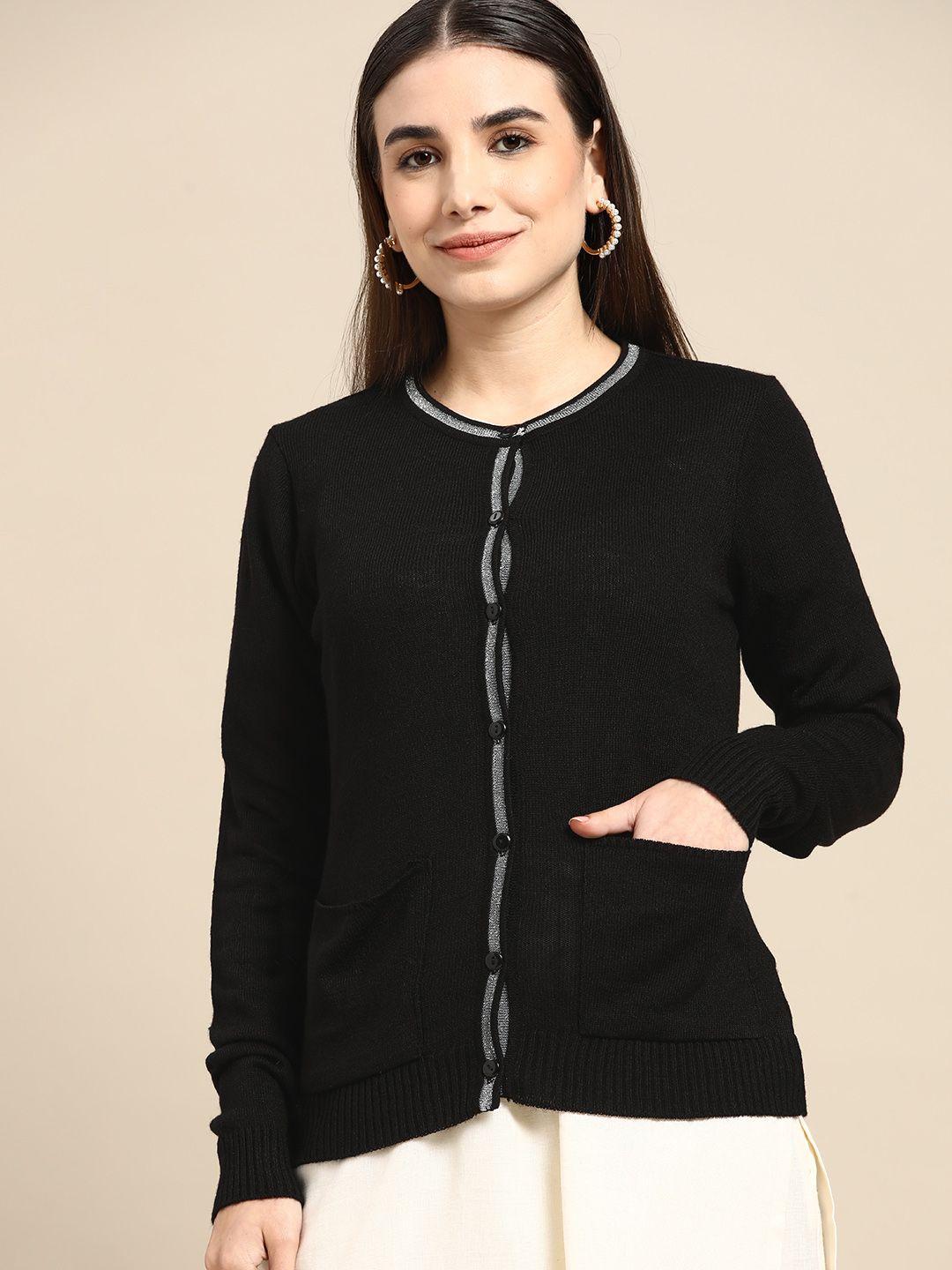 anouk women black solid acrylic cardigan