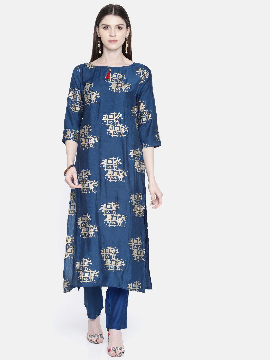 anouk women blue & gold-toned printed kurta with palazzos