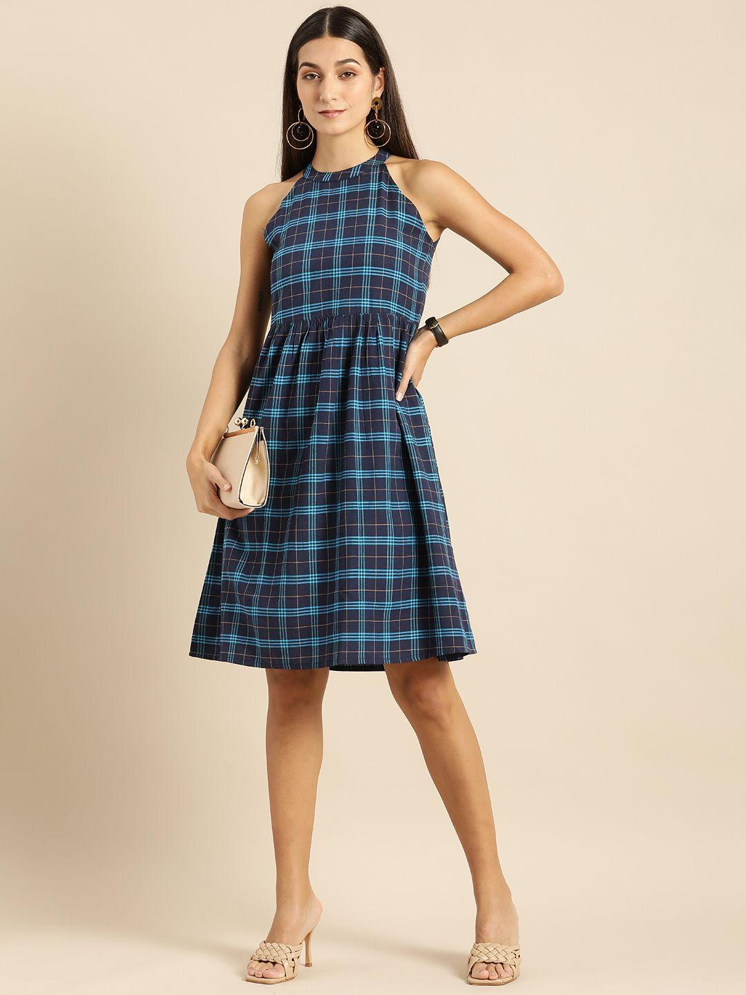 anouk women blue & navy blue checked fit and flared dress