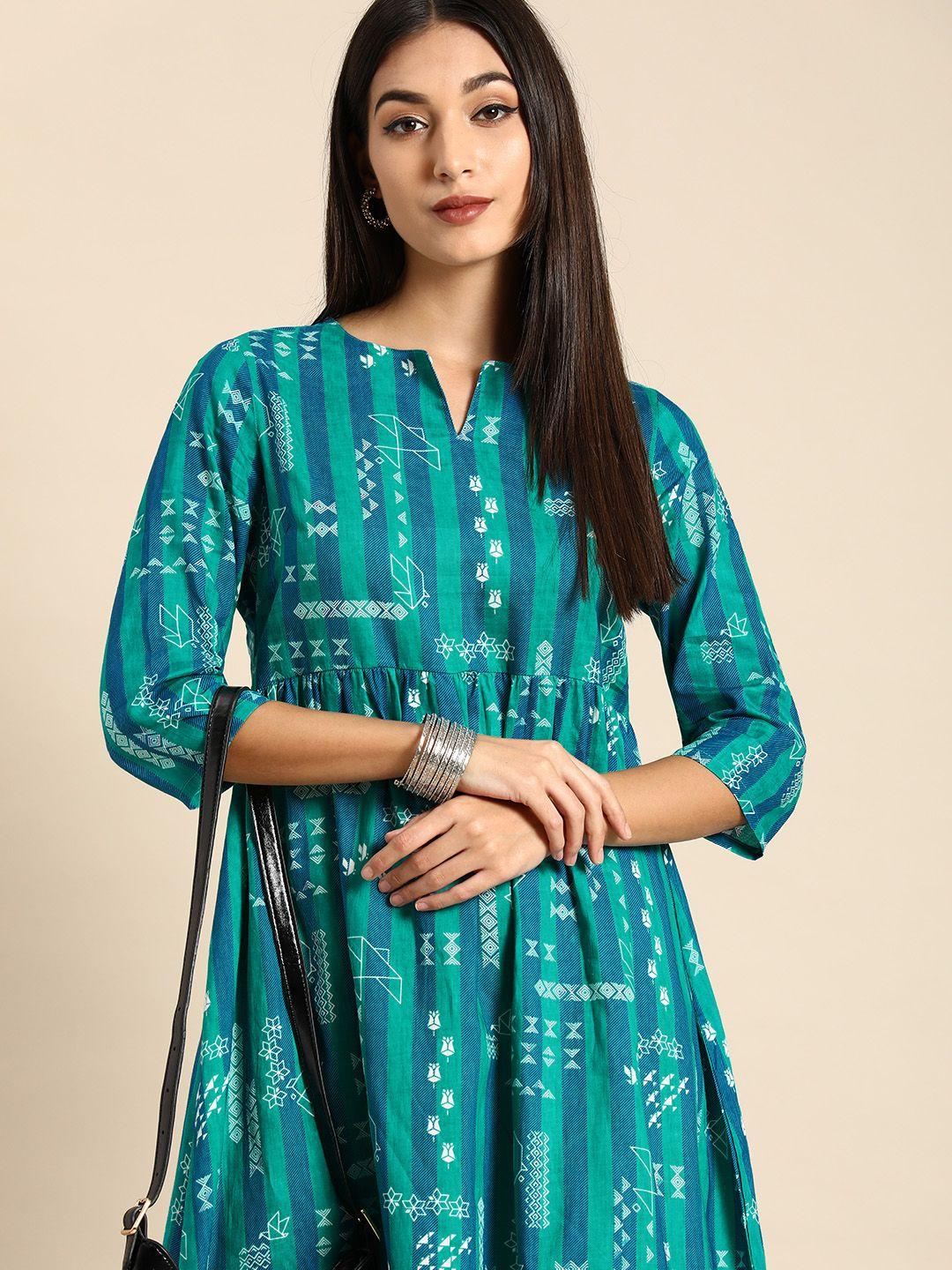 anouk women blue & white geometric printed pure cotton fit and flare midi dress