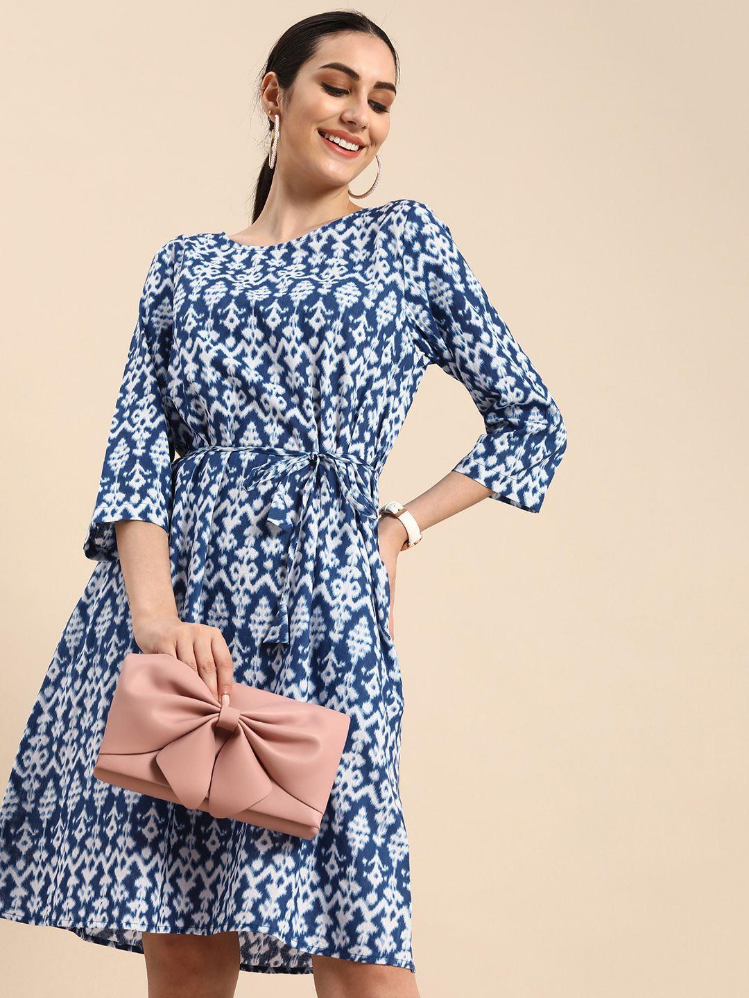 anouk women blue & white printed a-line dress